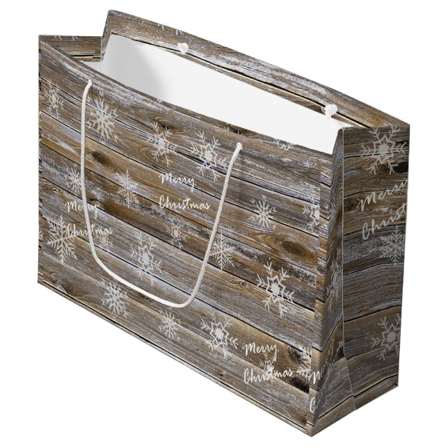 Grand Sac Cadeau Bois rustique et flocons de neige blancs Joyeux No (Devant Angle)