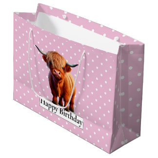 Grand Sac Cadeau BONJOUR D'ANNIVERSAIRE VACHE À CHEVEUX LONGUE Rose