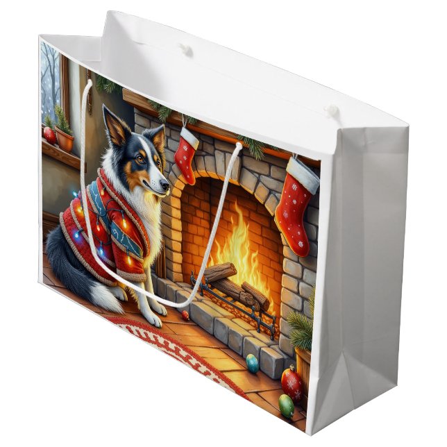 Grand Sac Cadeau Border Collie Fireplace with Christmas Lights (Devant Angle)