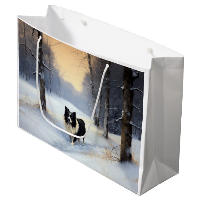 Grand Sac Cadeau Border Collie Qu'il neige Noël (Devant Angle)