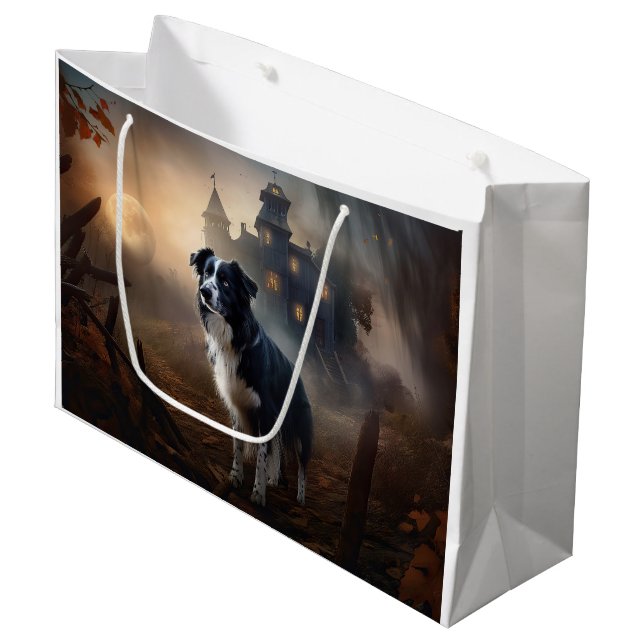 Grand Sac Cadeau Bordure Collie Halloween effroi (Devant Angle)