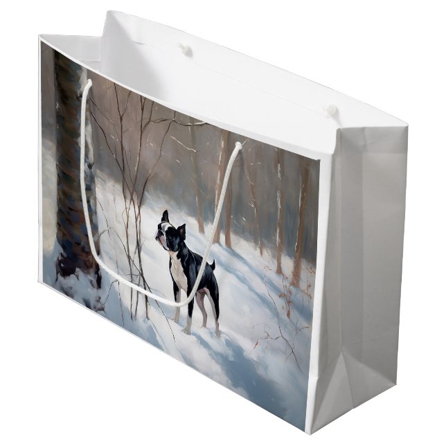 Grand Sac Cadeau Boston Terrier Laisser neiger Noël (Devant Angle)