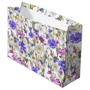 Grand Sac Cadeau Botanique Fleur sauvage blanche, bleue et violette