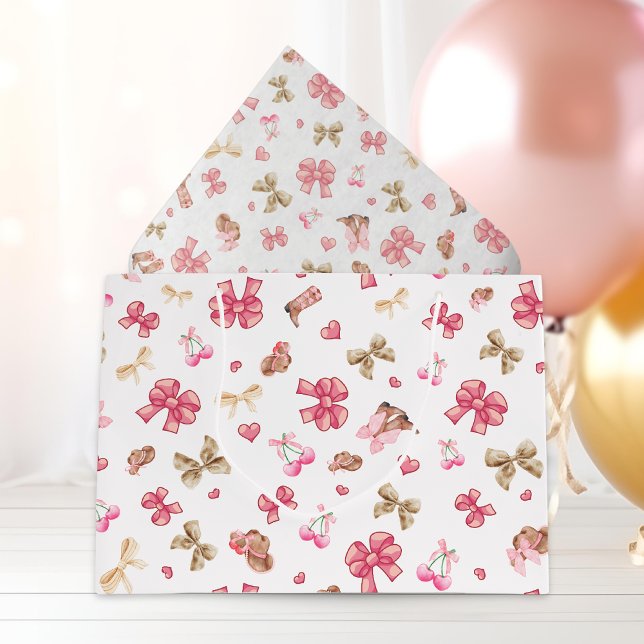 Grand Sac Cadeau Bottes de fille rose Motif Coquette (Large bag with coordinate tissue paper.)