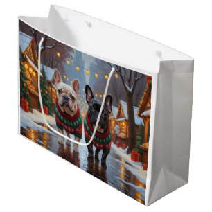 Grand Sac Cadeau Bouledogues français Noël Neige Vacances