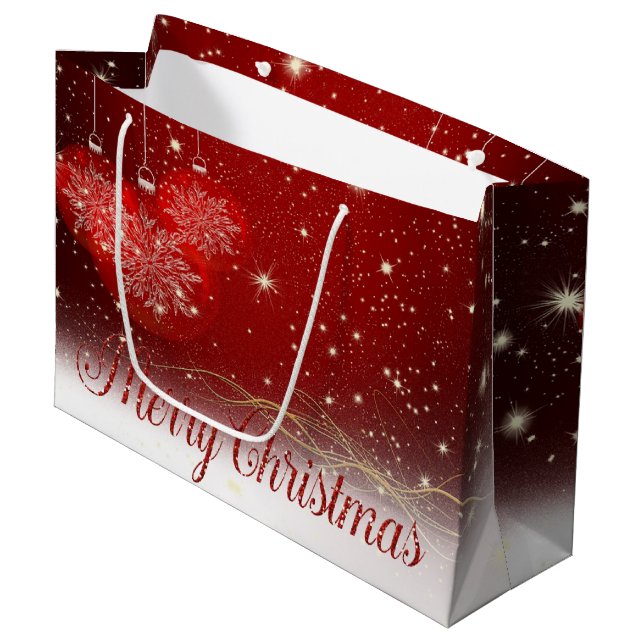 Grand Sac Cadeau Boules de Noël rouges, Joyeux Noël (Devant Angle)