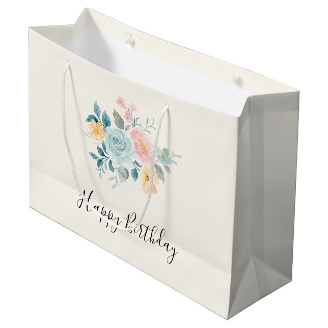 Grand Sac Cadeau Bouquet élégant rose et bleu Fleur Anniversaire (Devant Angle)