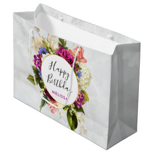Grand Sac Cadeau Bouquet floral rose et blanc moderne