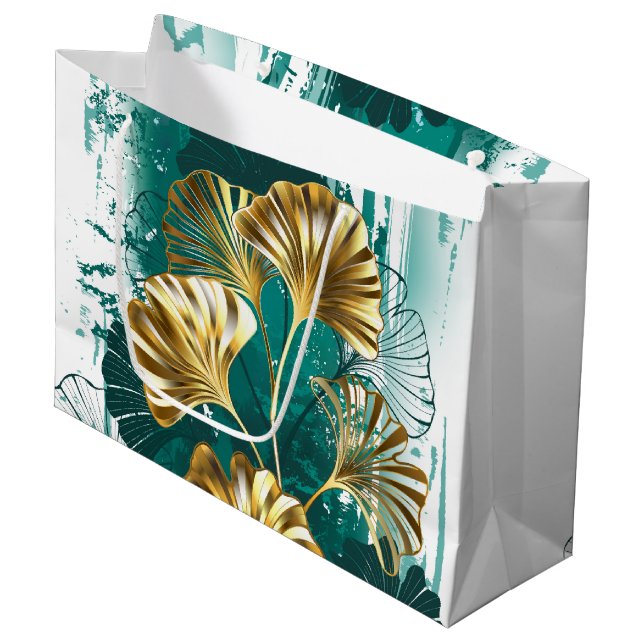 Grand Sac Cadeau Branche avec Feuilles d'or Ginko Biloba (Devant Angle)