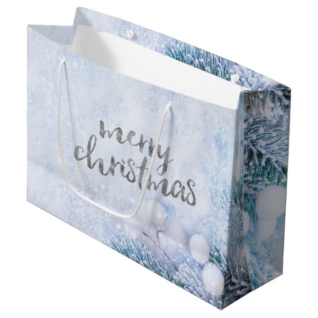 Grand Sac Cadeau Branches de l'arbre des pins, Neige (Devant Angle)