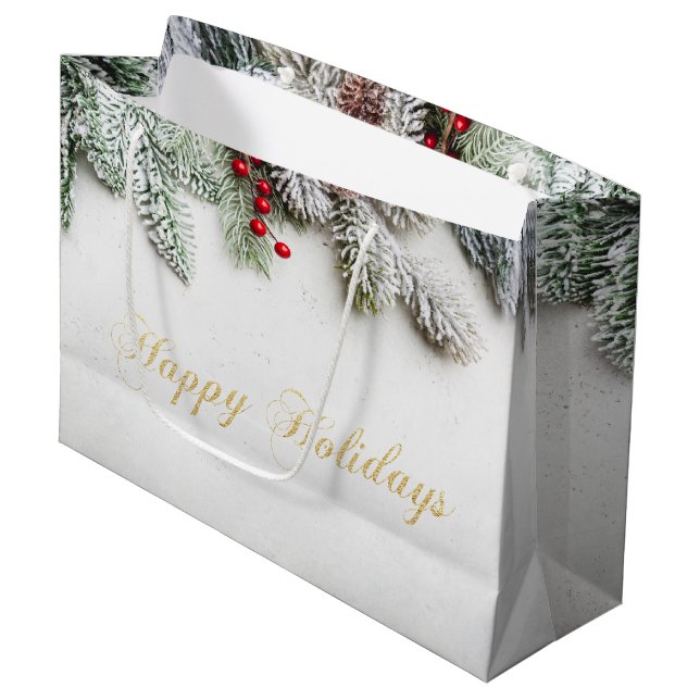 Grand Sac Cadeau Branches de pins Noël de neige (Devant Angle)