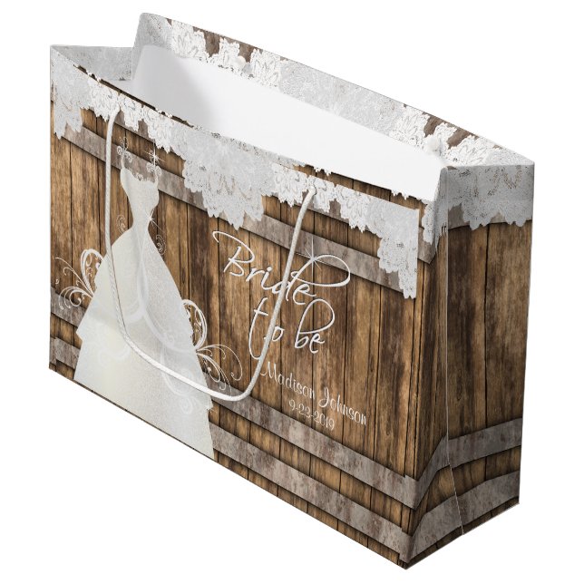 Grand Sac Cadeau Bride to Be - Rustic Bois Barrel and Lace Design (Devant Angle)