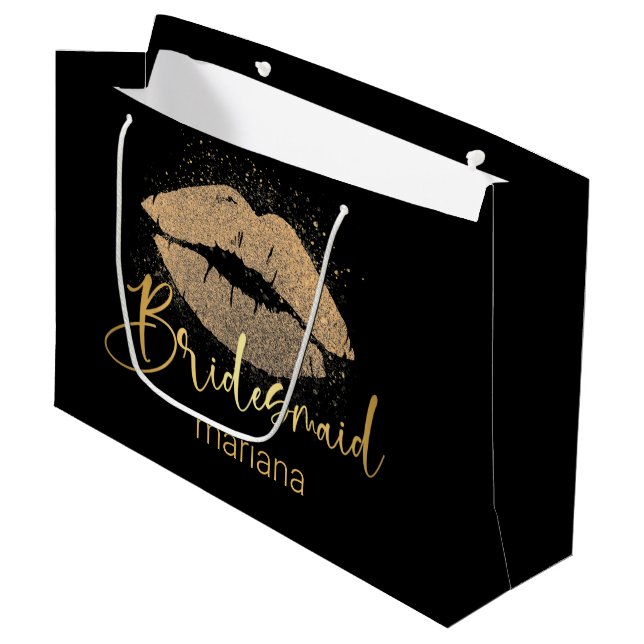Grand Sac Cadeau bridesmaid golden lèvres personnalisées noir luxe (Devant Angle)