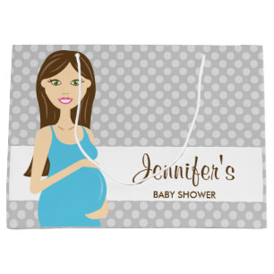 Grand Sac Cadeau Brunette Femme Enceinte En Baby shower Robe Bleue