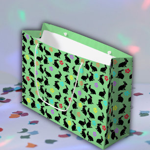 Grand Sac Cadeau Bunch de lapins en silhouette noire Fleurs vertes