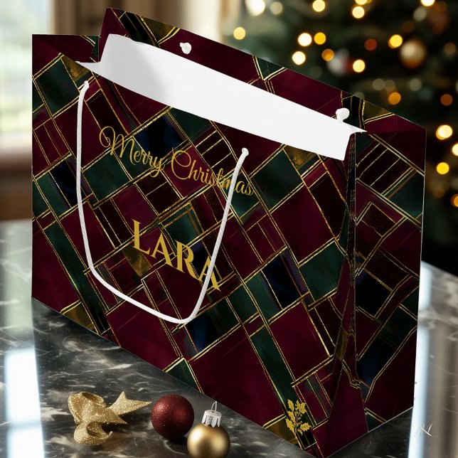 Grand Sac Cadeau Burgundy and Green Geometric Christmas Custom (Créateur téléchargé)