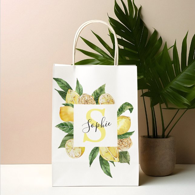 Grand Sac Cadeau Cadres et Feuilles de citrons jaunes modernes avec (Créateur téléchargé)