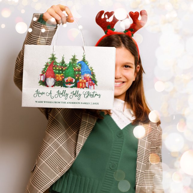 Grand Sac Cadeau Calligraphie amusante Holly Jolly Gnomes de Noël (Customize with your name and year.)