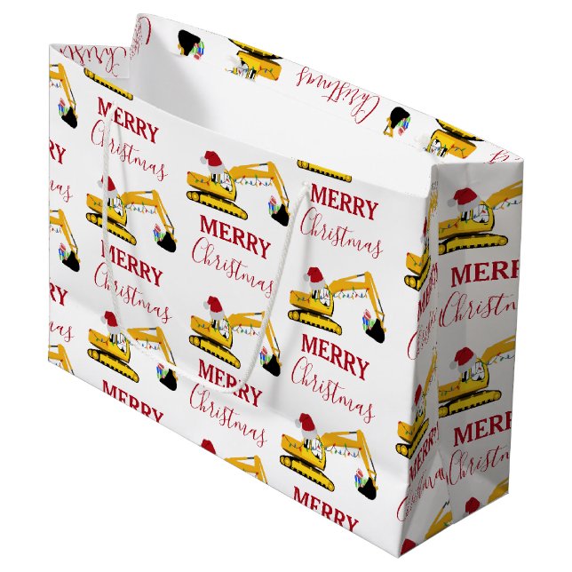 Grand Sac Cadeau Camion de construction de l'excavatrice de Noël (Devant Angle)