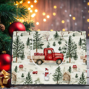 Grand Sac Cadeau Camion rouge avec cadeaux et bonhomme de neige