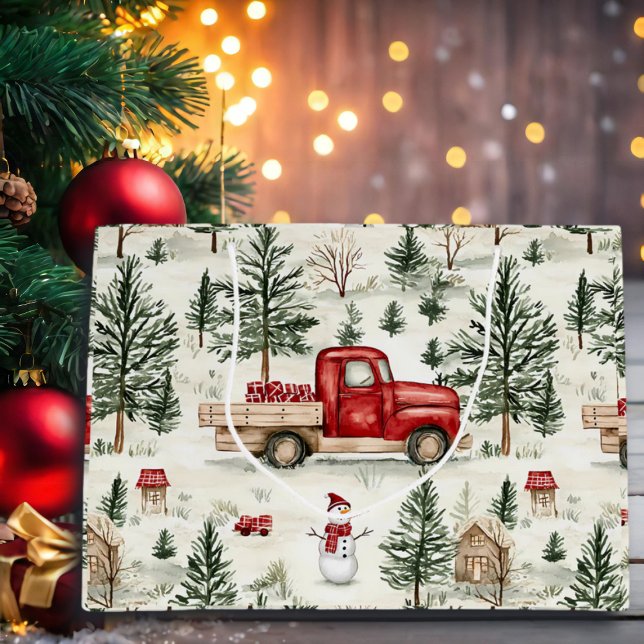 Grand Sac Cadeau Camion rouge avec cadeaux et bonhomme de neige (Créateur téléchargé)