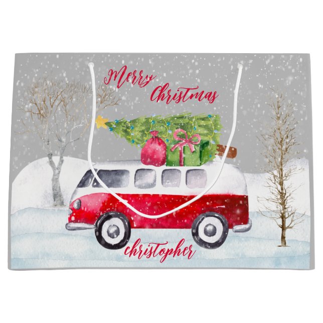 Grand Sac Cadeau Camion rouge Joyeux Noël gris (Devant)