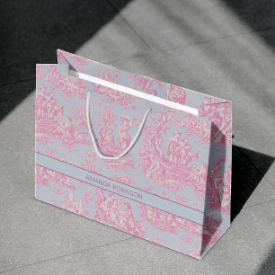 Grand Sac Cadeau Campagne française bleu rose Toile de Jouy