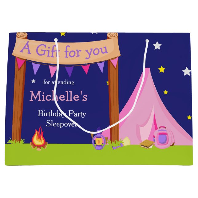 Grand Sac Cadeau Camping Anniversaire Dormir rose et violet (Devant)