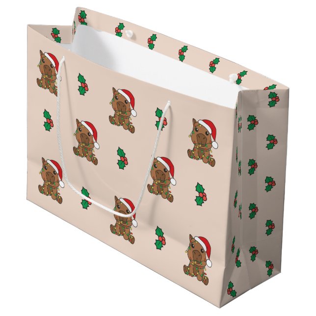 Grand Sac Cadeau Capybara Noël Animaux d'hiver (Devant Angle)