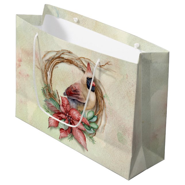 Grand Sac Cadeau Cardinal d'hiver avec Poinsettia (Devant Angle)