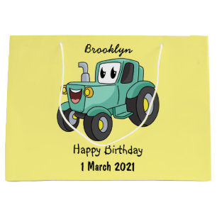 Grand Sac Cadeau Caricature joli tracteur vert joyeux