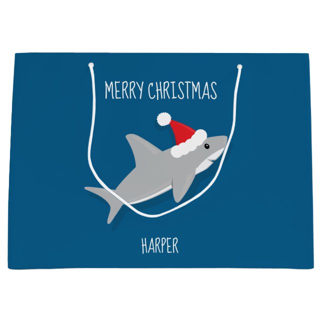 Grand Sac Cadeau Caricature souriante requin Père Noël animal (Devant)