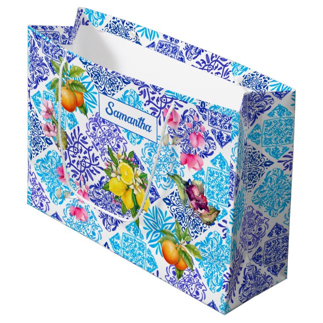 Grand Sac Cadeau Carreaux d'azulejos méditerranéens fleuris d'agrum (Devant Angle)