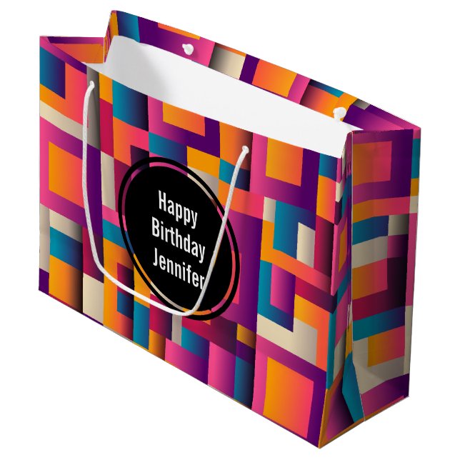 Grand Sac Cadeau Carrés Abstraits colorés et formes Anniversaire (Devant Angle)