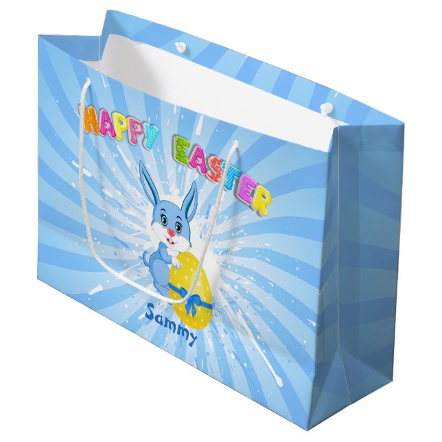 Grand Sac Cadeau Carton bleu lapin de Pâques (Devant Angle)