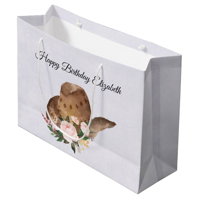 Grand Sac Cadeau Casquette Brown Cowgirl aux fleurs roses Anniversa (Devant Angle)