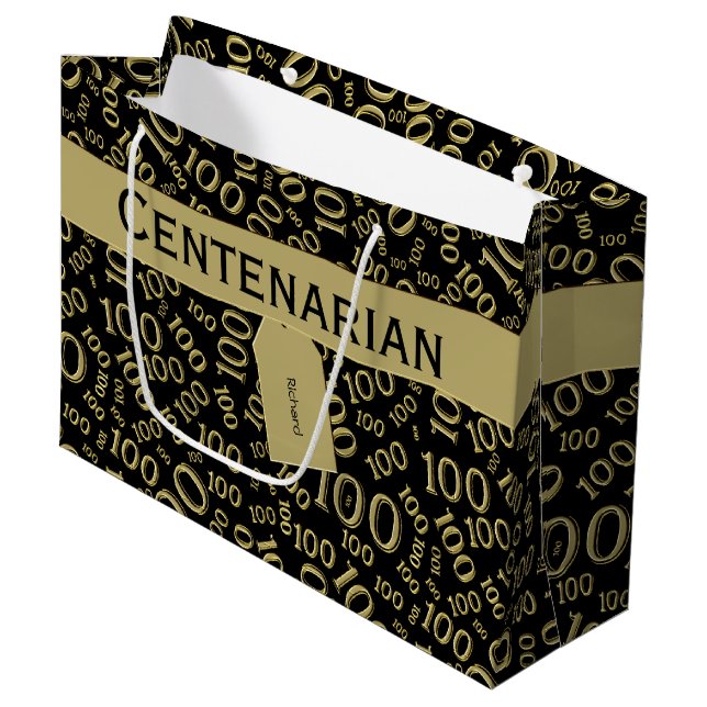 Grand Sac Cadeau Centenaire 100e anniversaire Motif noir/or (Devant Angle)