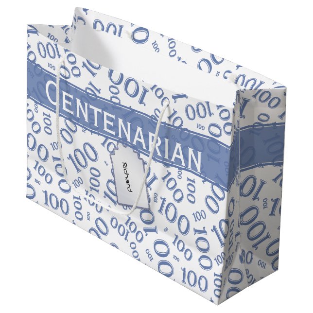 Grand Sac Cadeau Centenarian 100th Blue Random Number Motif (Devant Angle)