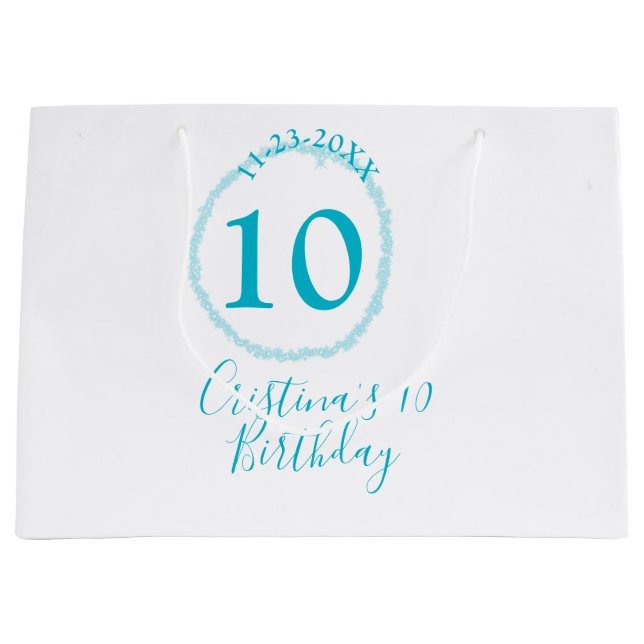 Grand Sac Cadeau Cercle turquoise. Parties scintillant ronde 10e an (Devant)