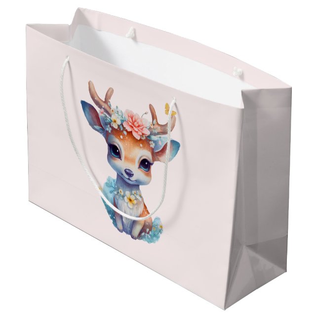 Grand Sac Cadeau Cerf de Bébé mignon avec Antlers et Fleurs (Dos Angle)