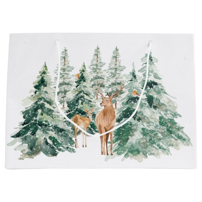 Grand Sac Cadeau Cerf de forêt hivernal de neige (Devant)