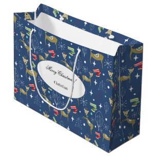 Grand Sac Cadeau Cerf mignon aux arbres de Noël et flocons de neige