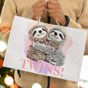 Grand Sac Cadeau C'est Twins mignon Sloth Hugs Baby shower rose