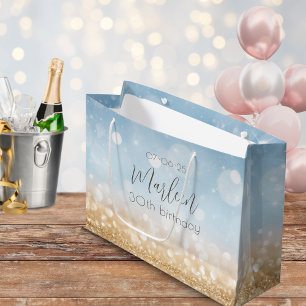 Grand Sac Cadeau Champagne d'anniversaire ciel bleu brillant or sci