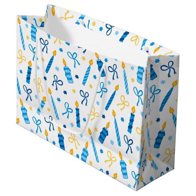 Grand Sac Cadeau Chanukah bougies brûlant blanc (Devant Angle)