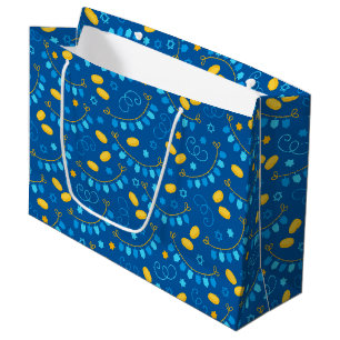 Grand Sac Cadeau Chanukah Dreidel Bannières Gelt Cadeaux bleu