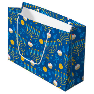 Grand Sac Cadeau Chanukah Menorah Gelt Dreidel Bleu