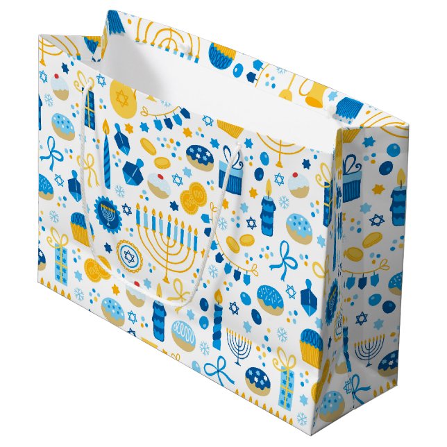 Grand Sac Cadeau Chanukah Party Bleu Or Blanc (Devant Angle)