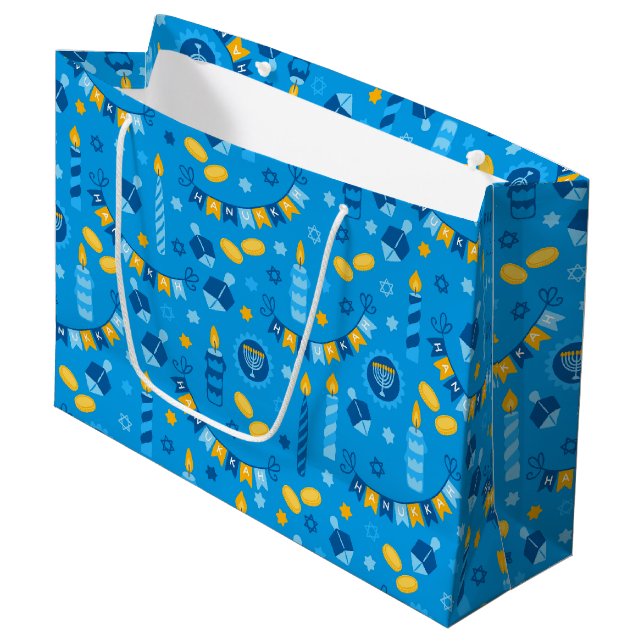 Grand Sac Cadeau Chanukah Streamers Hanoukka Bannières Bleues (Devant Angle)