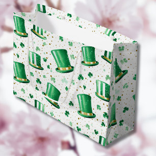 Grand Sac Cadeau Chapeaux verts dorés de luxe et trèfles blancs